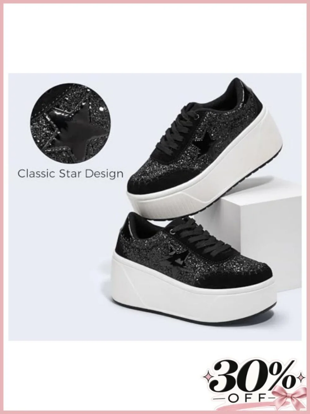 Women's Platform Chunky Sneakers Star Glitter Wedge Walking Shoes